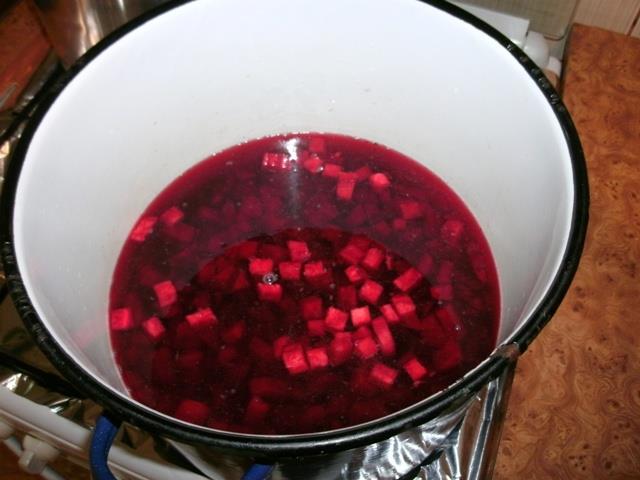 Melasa din sfecla rosie - Punem peste bucatile de sfecla din oala apa (cam de doua ori mai mult decat cantitatea de sfecla)